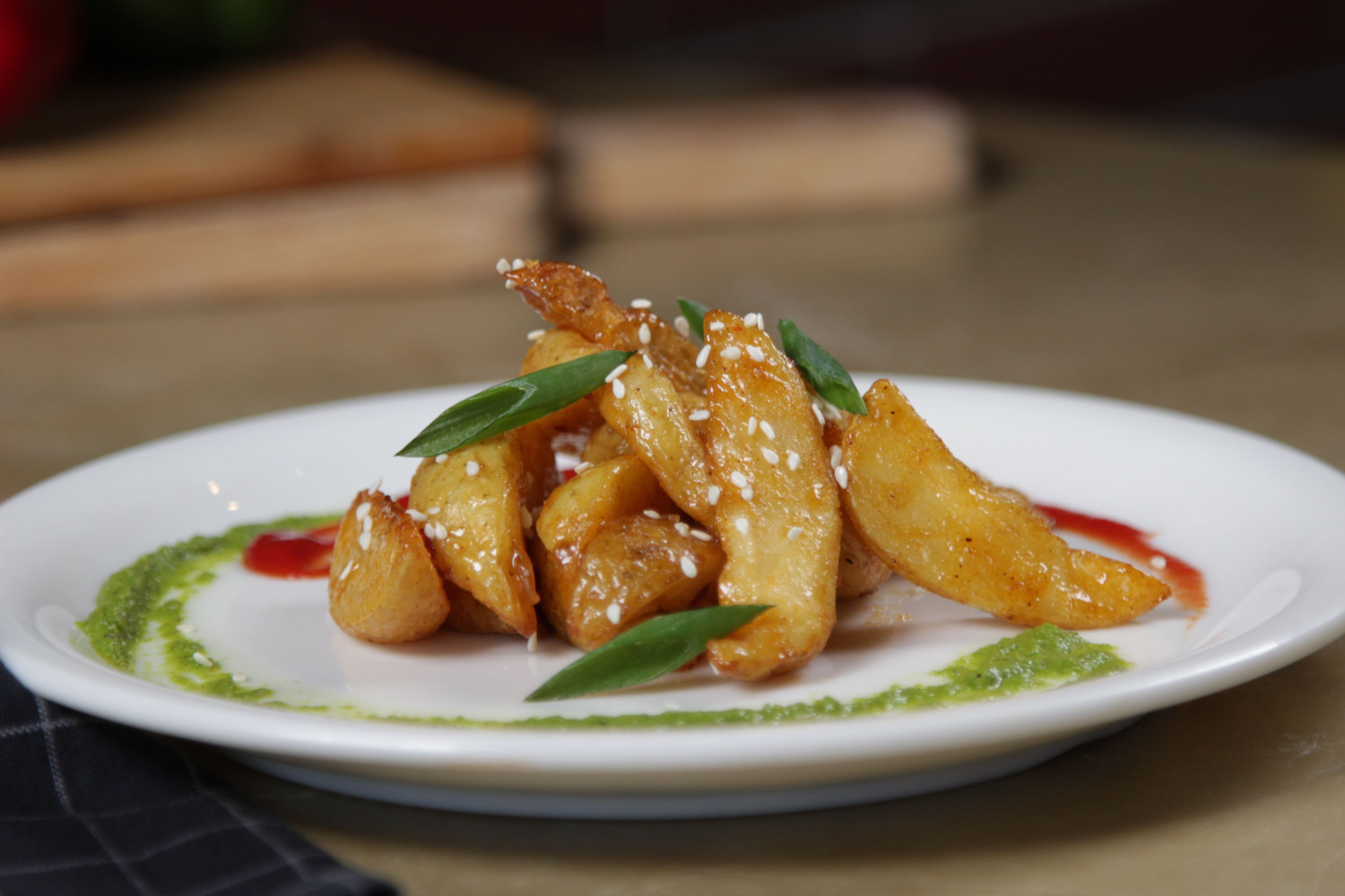 Honey Chili Potatoes  (Calories: 285 Protein: 12.6 G Fat: 2.6 G)